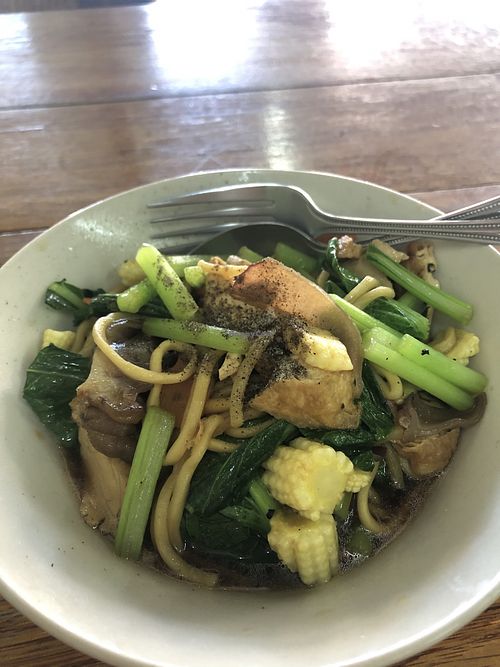 Fried yellow noodles with tofu, black fungus and lotsa veg,, no onion/garlic. It’s good and cheap! 40baht   at Luk To in Phuket