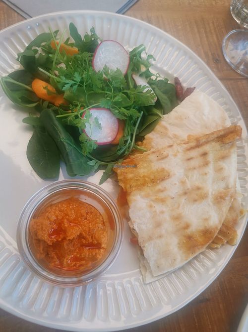 Quessadilla with vegan feta dip at The Green Queen in Stockholm