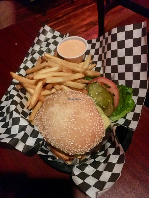 Burger and fries at Black Water Bar in Portland