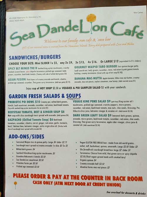 menu at Sea DandeLion in Honokaa