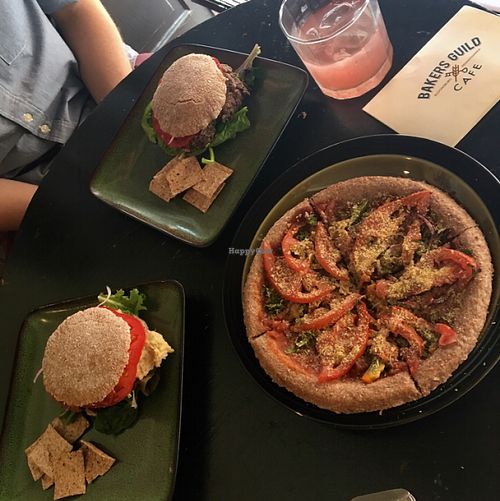 Black Bean Burger, Hummus Burger, Veggie Pizza, Kumbucha at Bakers Guild Cafe in Bloomsburg