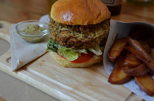 Quinoa burger with homemade leak-honey mustard....mmmmm at Mostassa in Barcelona