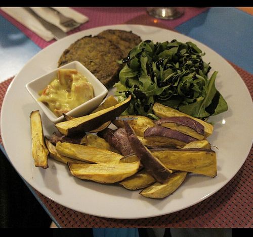 Vegetable burger with sweet potato fries  at Didi Cafe in Albufeira