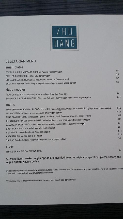Vegetarian menu at Zhu Dang in Seattle