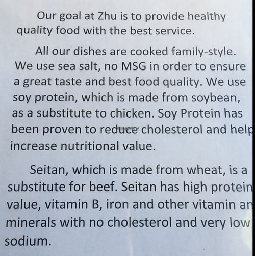 mission statement  at Zhu's Vegan Kitchen in Arlington