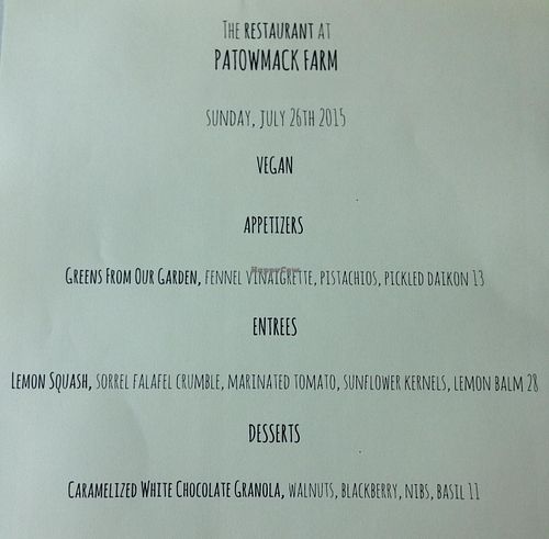 Sample custom vegan menu - The Restaurant at Patowmack Farm at The Restaurant at Patowmack Farm in Lovettsville