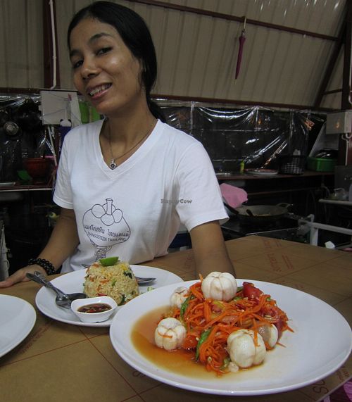 Chef Nam with her delicious Forget Me Not Salad at Nam Mangosteen Thailand  in Ranong