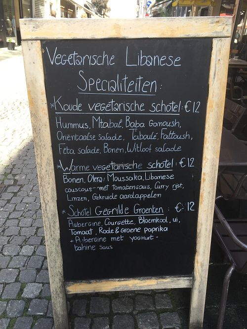 Menu sign outside at VegeOrient in Antwerpen