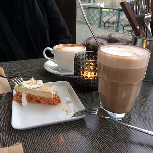 Delicious carrot cake, with hot chocolate  at Open New Doors in Gothenburg