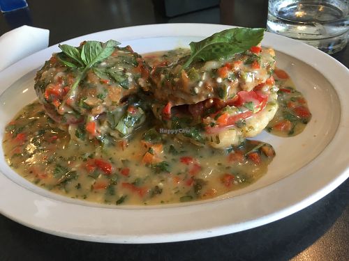 (All vegan) Tomato, Avocado, Vegan Sausage and Pepper Gravy Sauce over Biscuits  at Hackberry's Bistro in La Crosse