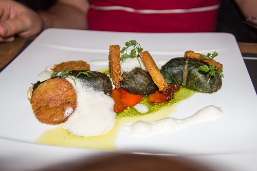 Mangold roulades filled with feta cheese, accompanied by hash browns and pepper (vegetarian) at Herzenslust in Saarbrucken