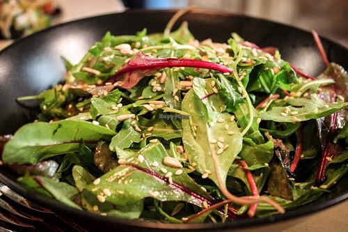 green leaves salad with sesame seeds at Aubergine in Bucharest