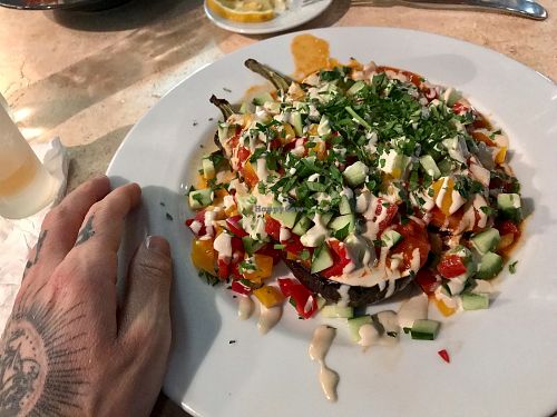 'aubergine' (egg plant) with cucumber topping at Aubergine in Bucharest