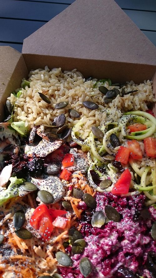 New salad with cooked rice (it changes everyday and it can be cereals, lentils, rice...) at Granny Smith in Annecy