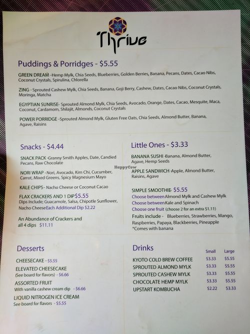 Menu at Thrive in Boulder