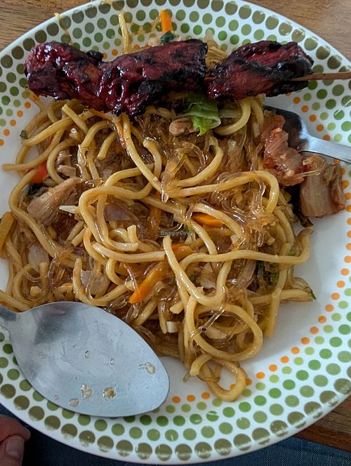 Noodles and barbecue at Wellnessland Vegetarian Cafe in Cebu