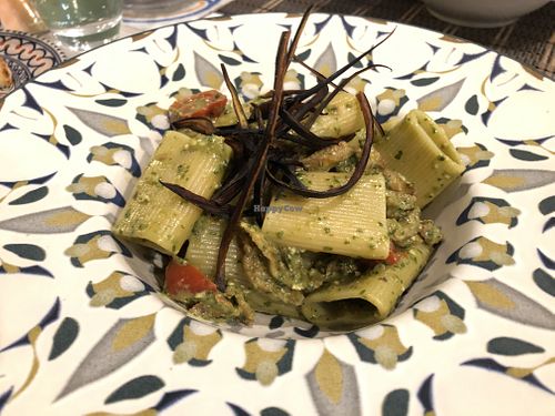 Paccheri con pesto di Basilico e melanzane fritte  at Ma va' in Rome