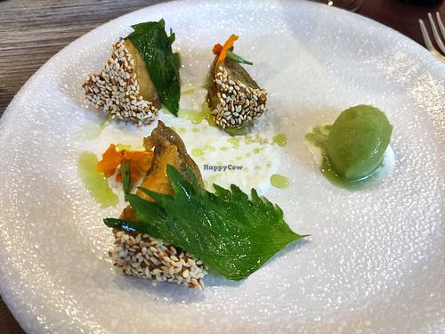 Vegan starter (eggplant) at La Table du Marche in Bergerac