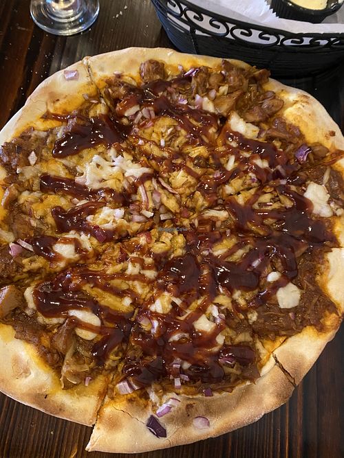Pulled bbq jackfruit pizza at 3 Brothers Vegan Cafe in Copiague