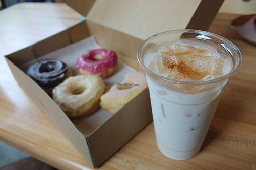 vegan yeast doughnuts and a vegan chai at Vortex Doughnuts in Asheville