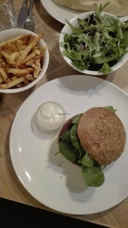 Vegan burger with avocado, french fries and salad at Beet in Luxembourg City
