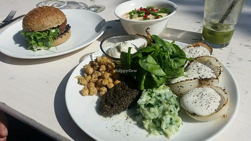 Aubergine burger, vegan platter, lentil soup and a really nice green juice.  at Beet in Luxembourg City
