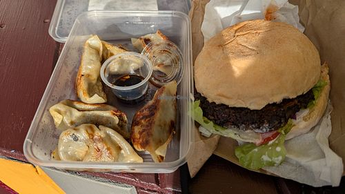 Dumplings and Cheeseburger at Loving Hut Caravan in Nelson