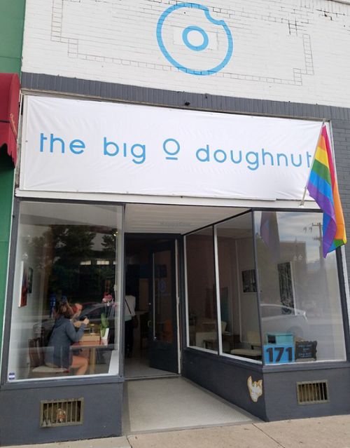 Outside store front, just on Broadway downtown SLC at The Big O Doughnuts in Salt Lake City
