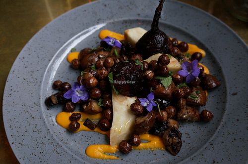 Roasted Beetroot w/ Horseradish sauce.
Wild mushrooms, celery root and gray peas. at Green Peas - Fridhemsplan in Stockholm