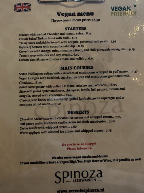 Vegan menu at Eetcafe Spinoza in Leeuwarden