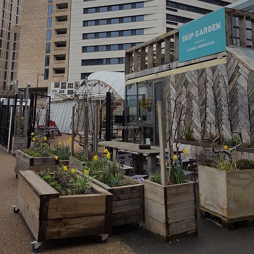 Seating outside the cafe (more in the garden itself) at Skip Garden Kitchen in London