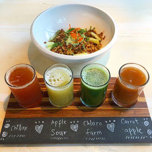 Thai Bowl & flight of freshly pressed juice!  at eLOVate Vegan Kitchen in Santa Monica