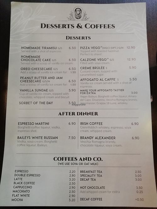 Dessert menu at NovaPizza Vegan Kitchen in Edinburgh