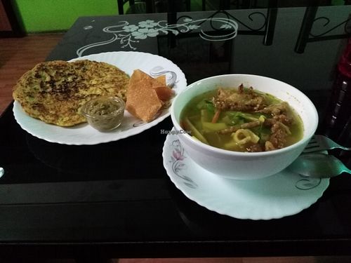 On left : tofu veggie omelet with nacho
On right : soup veggie tofu, mushroom, thanduk at Loving Heart in Kathmandu