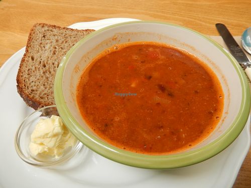 Mexican bean-tomato soup with spelt bread and veg spread at Oats Healthy Living Store in Brixham