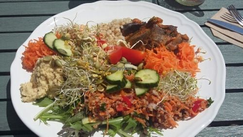 £7.95 for a large plate from the self-service buffet.  at Oats Healthy Living Store in Brixham