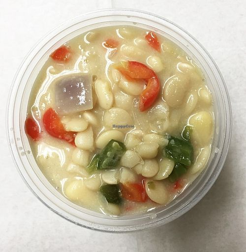 Baby lima bean stew with red & green bell peppers, red onion, miso and tahini.  at 7th Element in Burbank