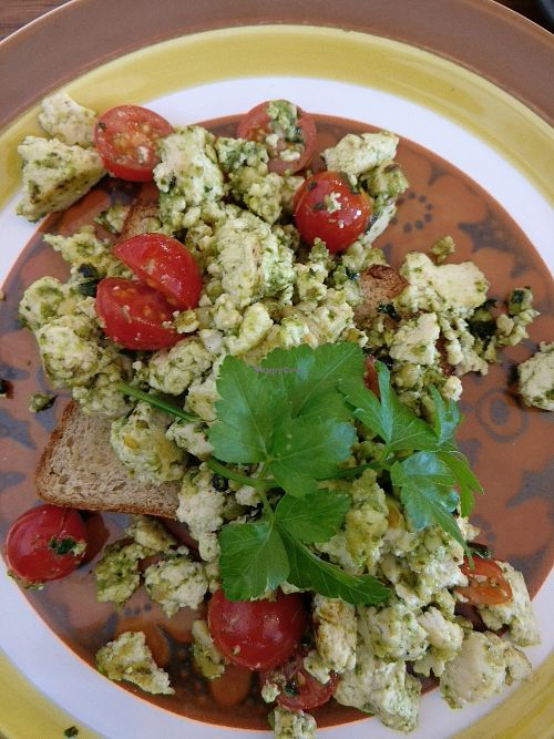 pesto with scrambled tofu, cherry tomatoes was tasty at Foraged in Seddon