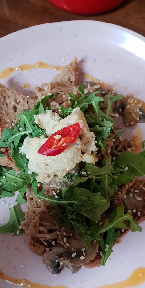 Enoki mushrooms on toast (usually sourdough, but this is chia) at Foraged in Seddon