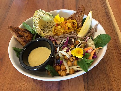 Special - Roast tempeh, chickpeas, avo, kimchi, cashews, soba noodles with turmeric tahini dressing at Foraged in Seddon