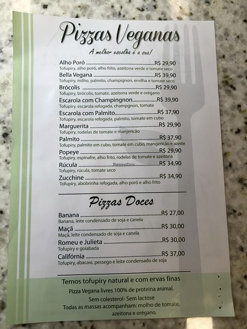 Part of the vegan menu. at Bella Mooca Pizzaria in Sao Paulo