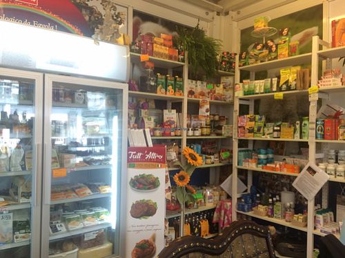 refrigerated and dry food area  at Vegan Store Stall 83 in Rome