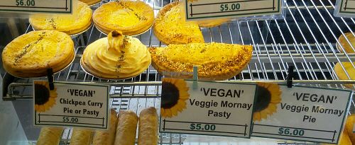 Vegan chickpea curry pie or pasty; vegan veggie mornay pie or pasty at Ranch Pies in Warwick