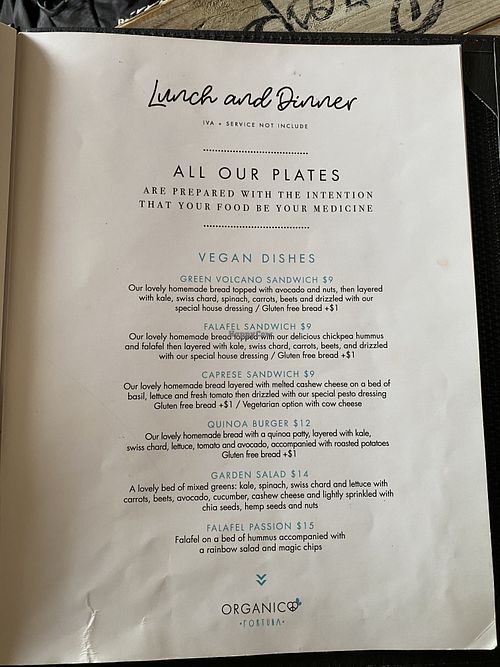 Menu at Organico Fortuna in La Fortuna