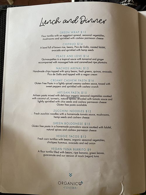 Menu at Organico Fortuna in La Fortuna