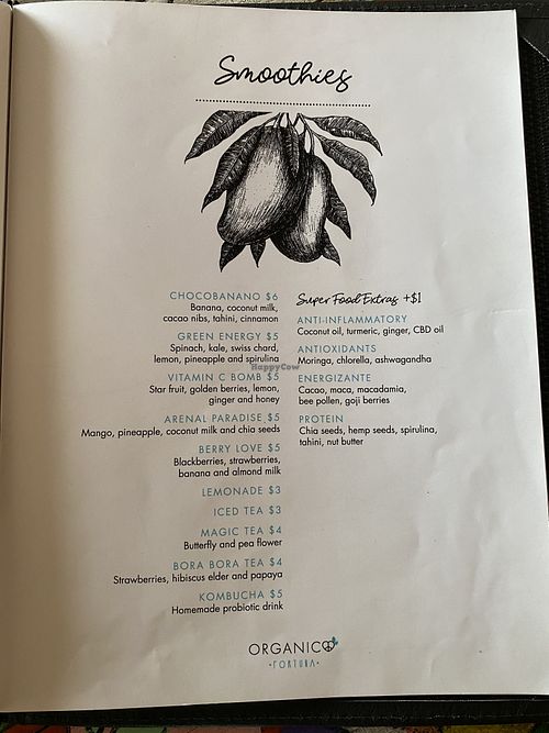 Menu at Organico Fortuna in La Fortuna