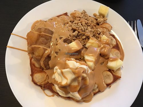 vegan waffle with warm peanut butter sauce - wow!  at YOMARO in Hannover