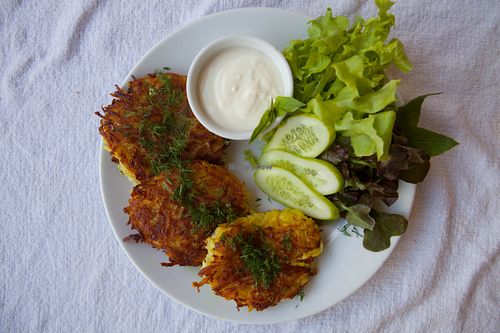Latkes pancakes with squash and potato served with home made yoghurt and herbs at Harmony in Koh Phangan