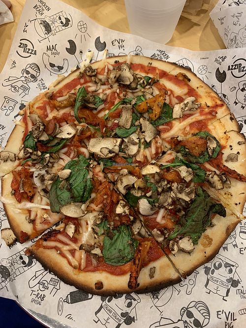 Gluten Free Crust, Vegan Cheese, Red Sauce, Roasted Tomatoes, Spinach & Mushrooms at Azzip Pizza - Pearl Dr in Evansville