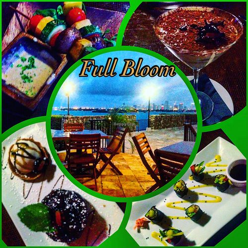(clockwise) plantain shish kebab, tiramisu, nori roll, lava cake at Full Bloom in Miami Beach